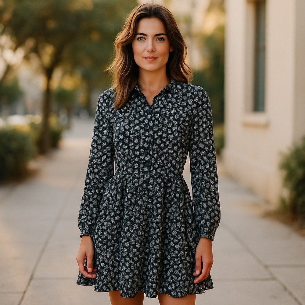 Black & White Floral Fit and Flare Long Sleeve Dress Size S